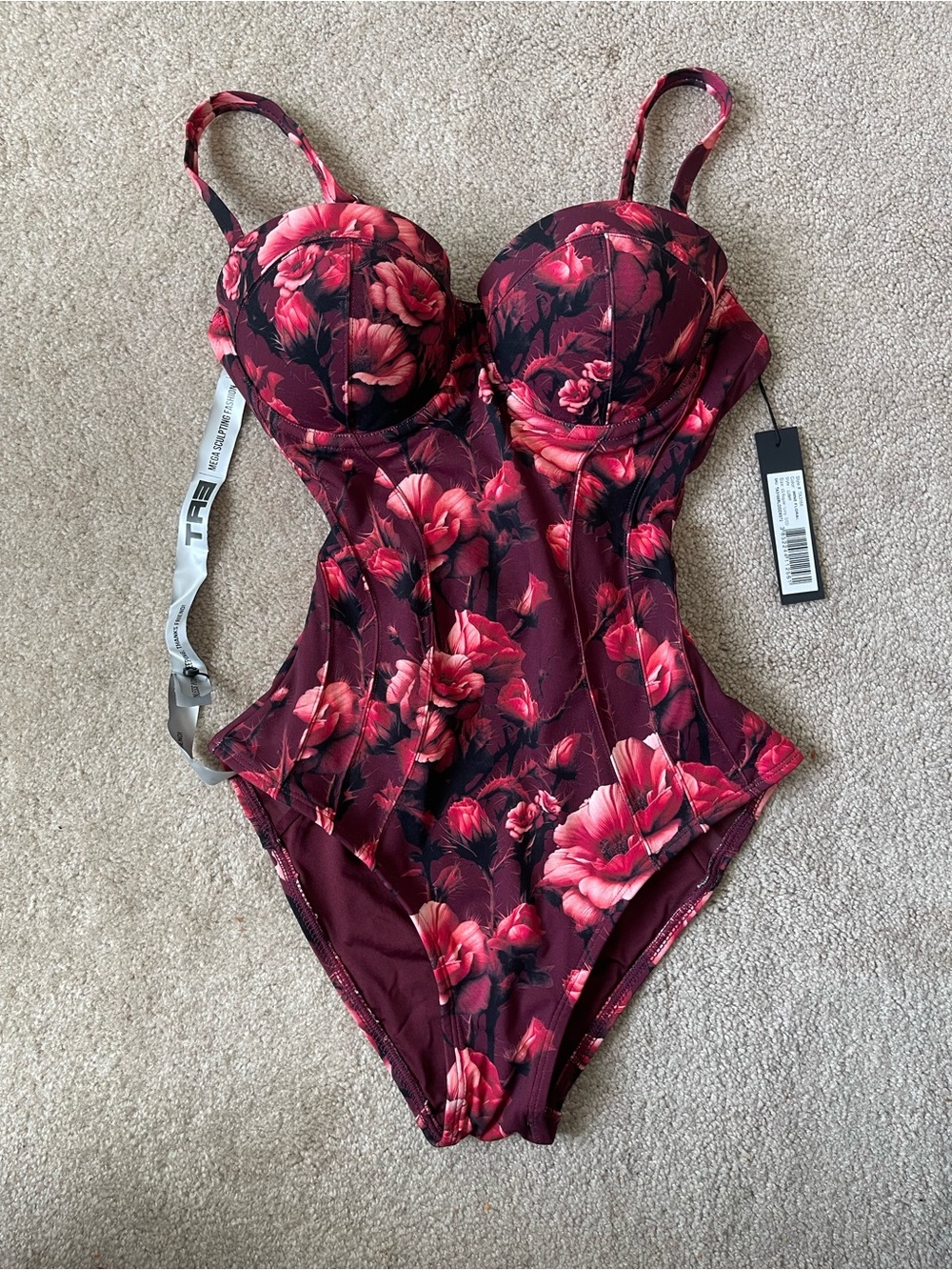 TA3 Lushy One-Piece Swimsuit Wine Floral XS Regular Long D/DD NWT